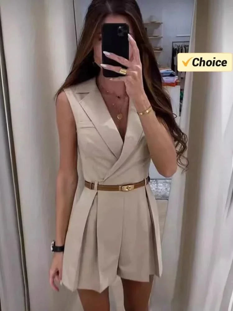 Summer Fashion New Women's Lapel Suit Jumpsuit OL Professional Commuting Women's Office Style Shorts Formal Jumpsuit - M & M Global