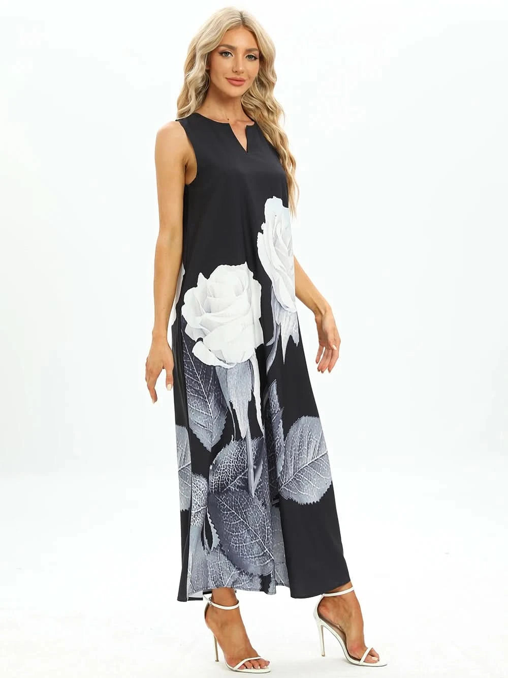 Lady Spring Summer Black Long Dress Sleeveless Red Petals Print Elegant Dresses For Women 2023 Party Beach Women Dress - M & M Global