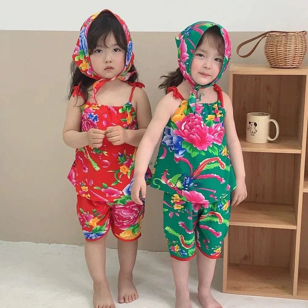 Bear Leader Summer Fashion New Baby Girl Clothes Flower Print Suspender Top+Shorts 2-piece Set Ethnic Style Children's Clothing - M & M Global