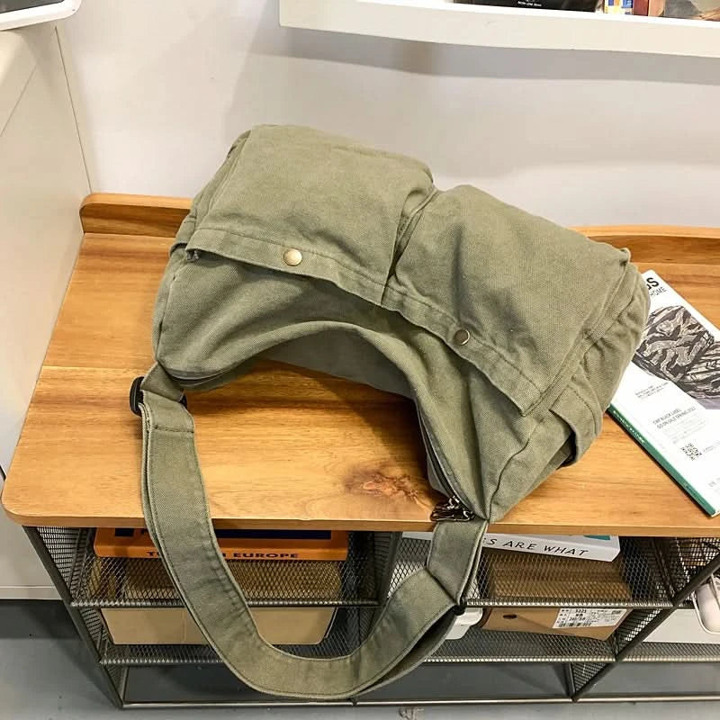 Vintage Style Canvas Messenger Bag Casual Travel Crossbody Bag Retro Large Capacity Shoulder Bag Multi Pocket Shoulder Bag - M & M Global