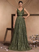 Luxury Sexy Deep V-Neck Sequins Blue Evening Dresses Women Elegant V-back Wedding Party Long Prom Cocktail Dress