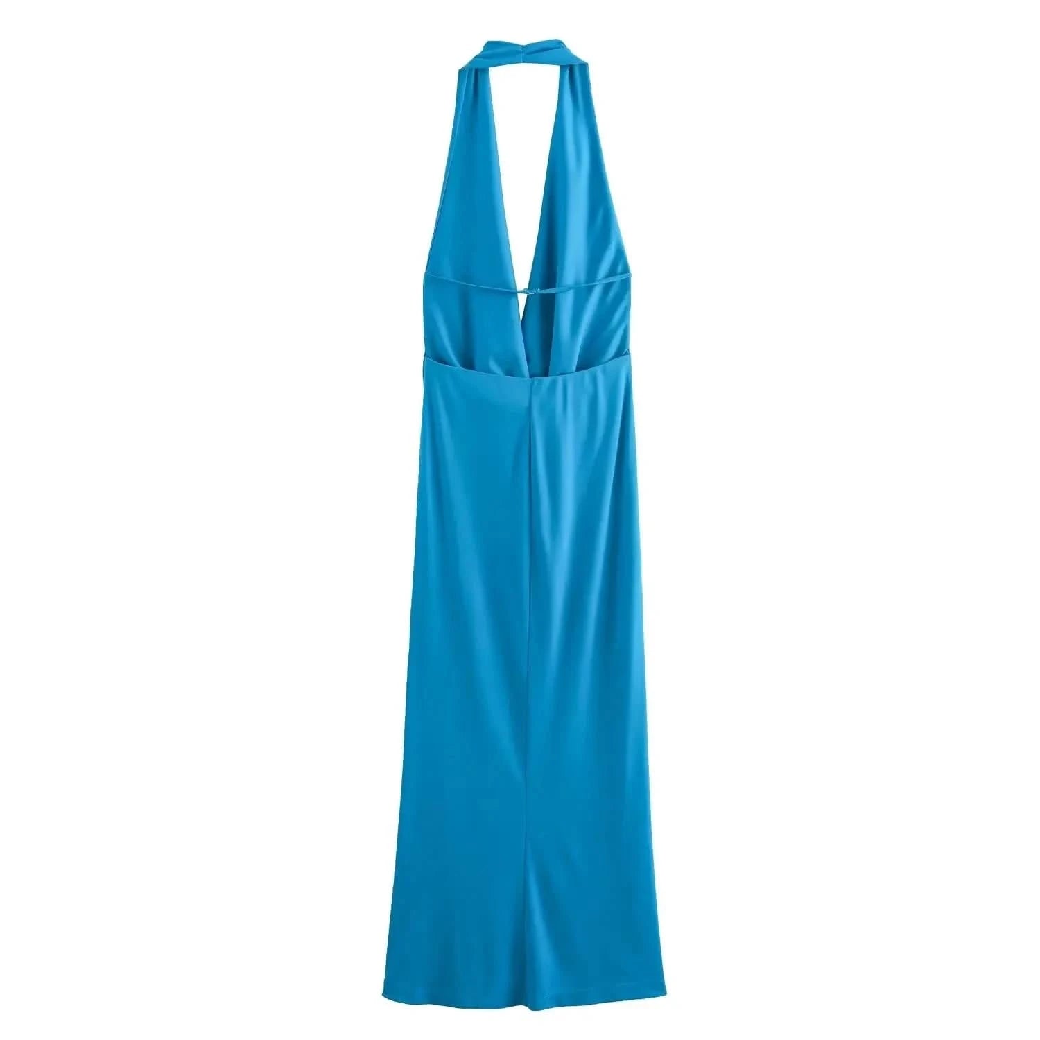 TRAFZA 2024 Woman Halter Off Shoulder Backless Long Dress Female Folded Decoration Hanging Neck V-neck Open Back Evening Dress - M & M Global