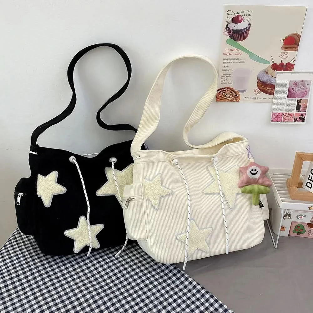 Women Star Pattern Corduroy Crossbody Bag Casual Tote Lady Fashion Large Capacity Shoulder Bag Girl Travel Messenger Bag Handbag - M & M Global