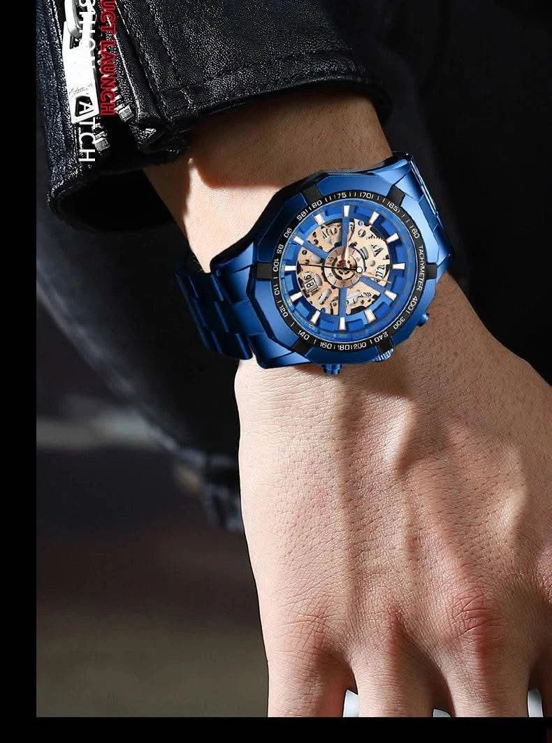 BINBOND Mens Quartz Watches Top Brand Luxury Stainless Steel Waterproof Hollow Out Blue Big Male Wristwatches Relogio Masculino - M & M Global