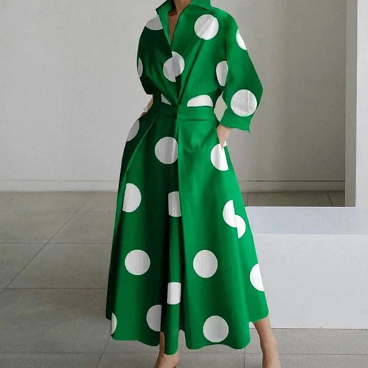 Autumn Dress Long Sleeve Dot Print Elegant Maxi Dresses For Women 2023 White Casual V Neck Shirt Party Long Dress Robe Femme - M & M Global