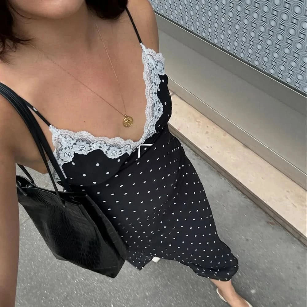 Tuularose Lace Spaghetti Strap Long Dress Women's Elegant Retro V-Neck Polka Dot Sleeveless Dress Summer Patchwork Party Dress - M & M Global