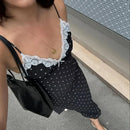 Tuularose Lace Spaghetti Strap Long Dress Women's Elegant Retro V-Neck Polka Dot Sleeveless Dress Summer Patchwork Party Dress - M & M Global