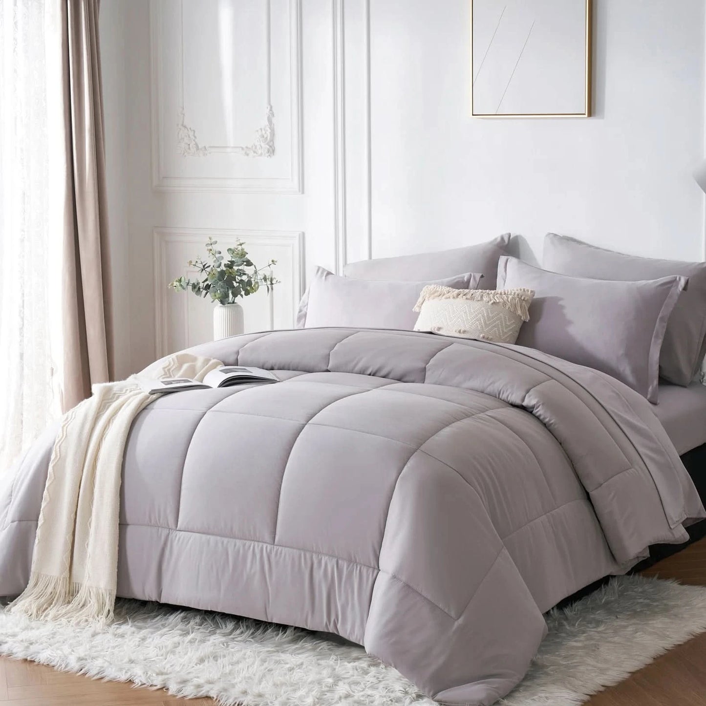 7-Piece Bed in a Bag Comforter Set Queen – Stylish Solid Geometric Bedding Set with Comforter, Sheets & Pillowcases – Modern Design, Ideal Gift