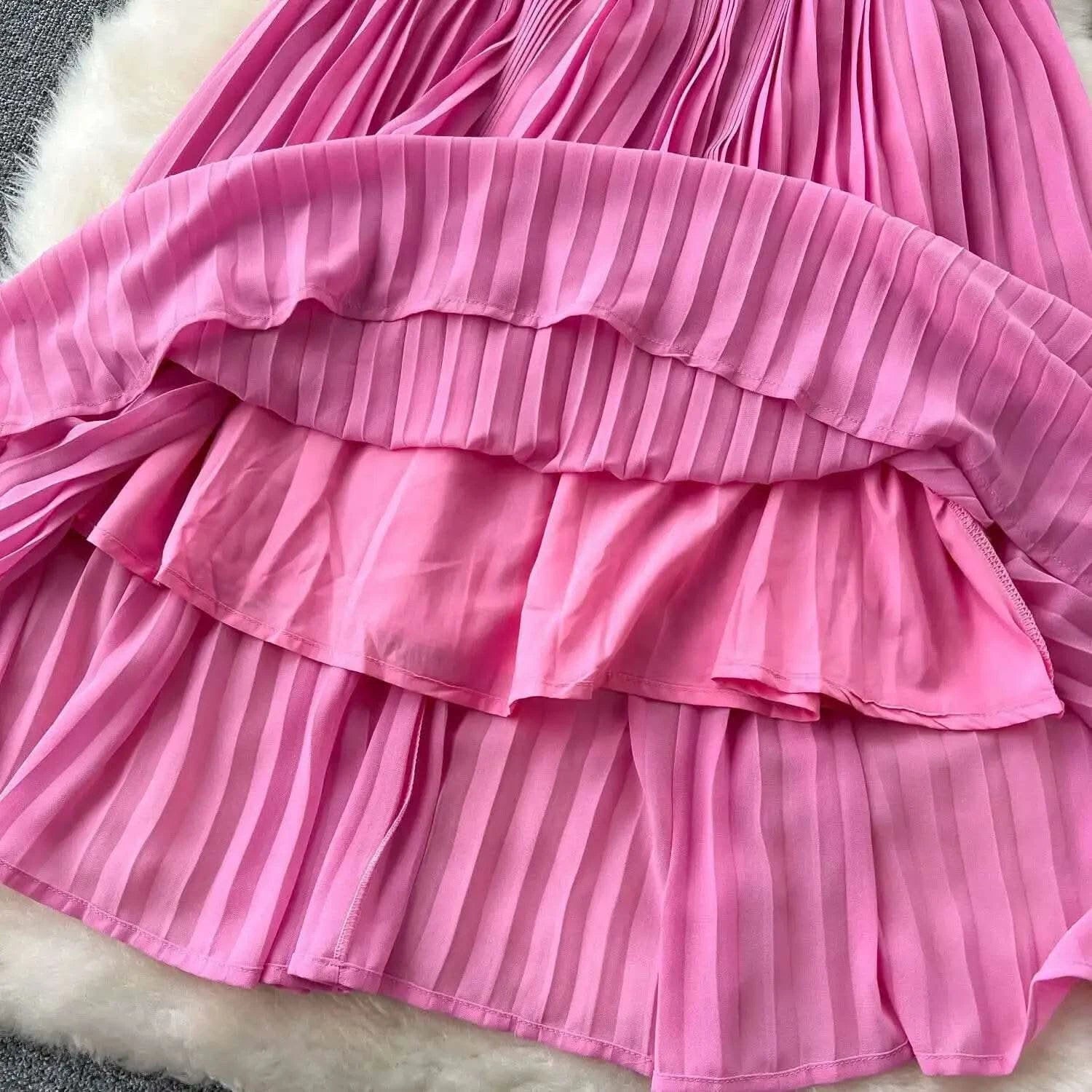 Designer 2025 Summer Pleated Chiffon Lace Long Dress Women Flower Embroidery Gold Button Belt Evening Party Dresses Wedding Robe - M & M Global
