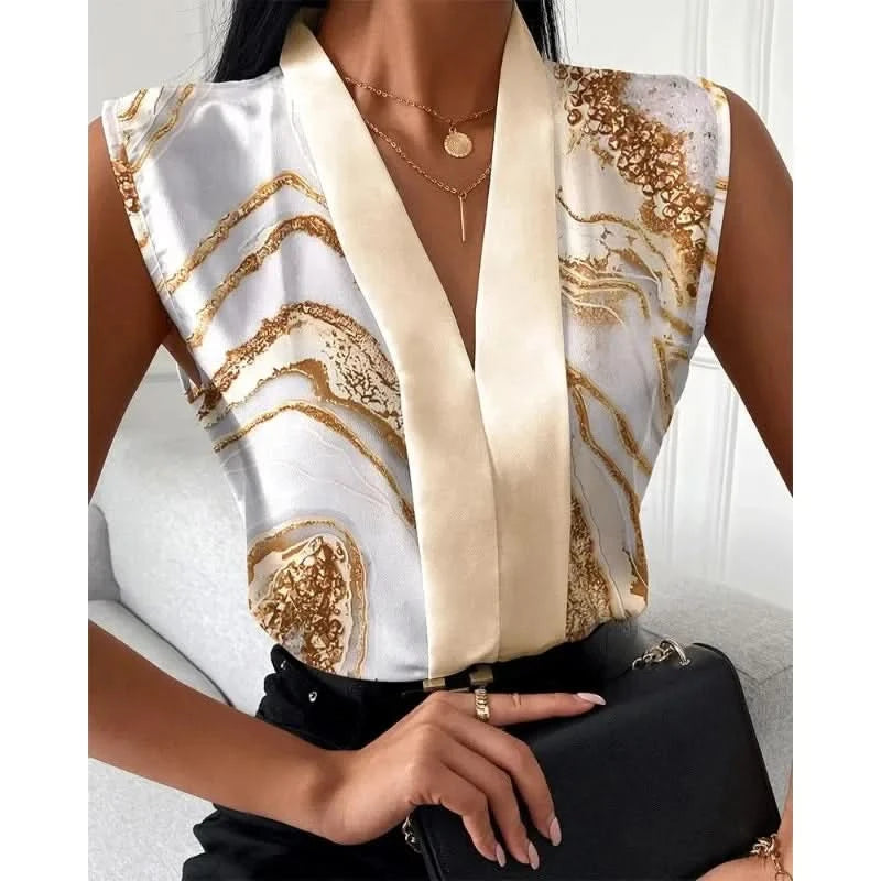 New Women's Office Shirts Summer Lady Sleeveless V-neck Print Elegant Women Blouse Top Streetwear Female Clothing - M & M Global