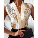 New Women's Office Shirts Summer Lady Sleeveless V-neck Print Elegant Women Blouse Top Streetwear Female Clothing - M & M Global