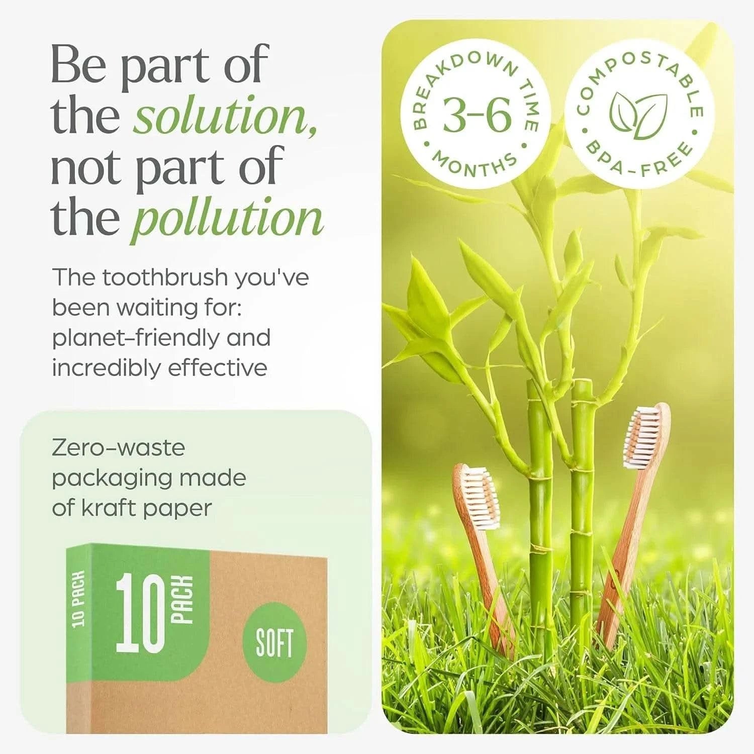 Biodegradable bamboo toothbrush 10 packs, environmentally friendly, compostable natural wooden toothbrush - M & M Global