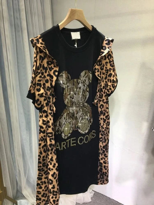 Extra size 300 pounds fat people wear summer women's dress leopard print patchwork bear rhinestone short-sleeved skirt - M & M Global