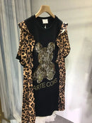 Extra size 300 pounds fat people wear summer women's dress leopard print patchwork bear rhinestone short-sleeved skirt - M & M Global