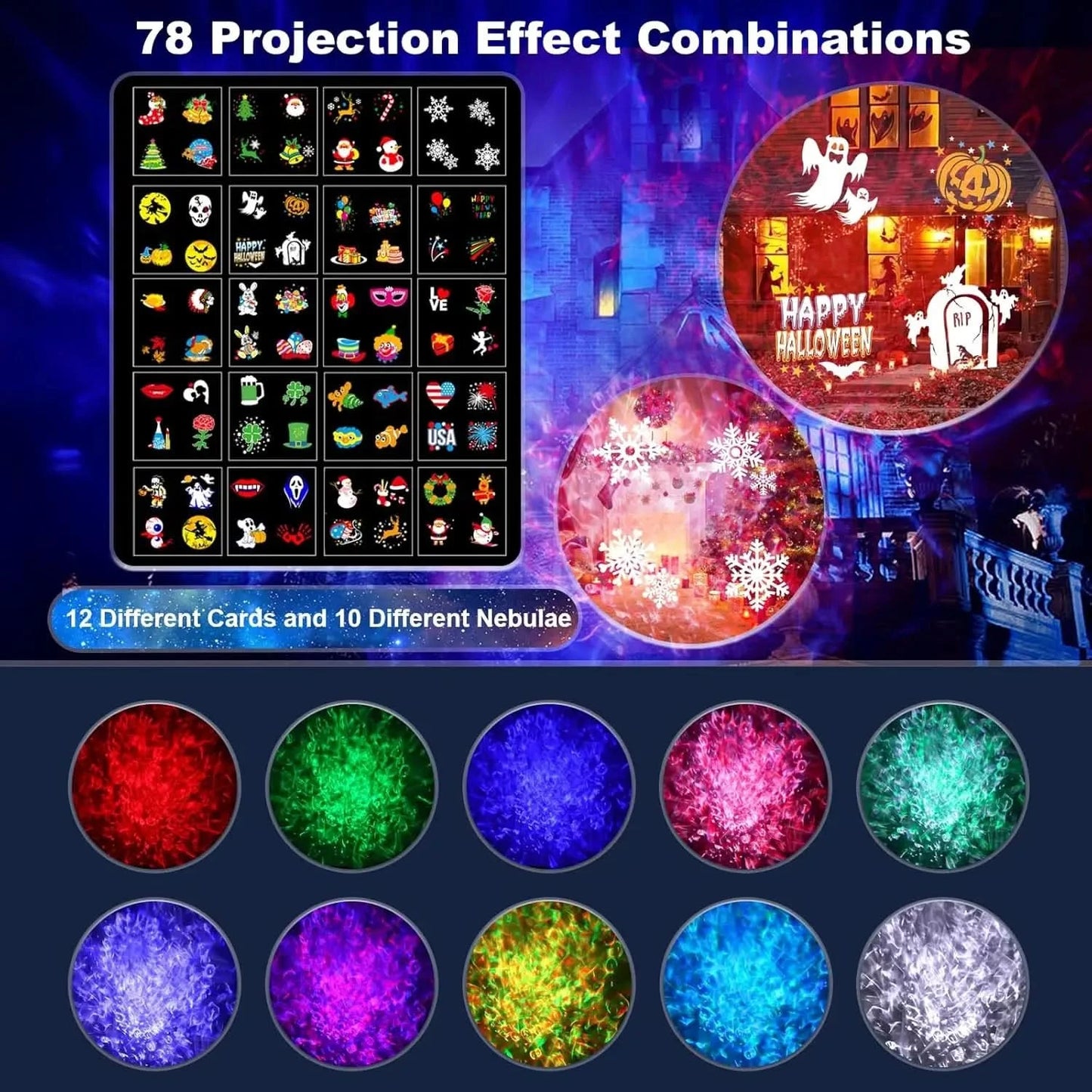 Halloween Christmas Projector Lights Outdoor 16 HD Slides, 2 in 1 Water Wave Lamp with Color Patterns, Timer & Remote for Party - M & M Global