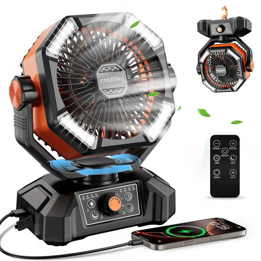 coldSky Camping Fan with 4 LED Lantern 8 Speeds Desk Fan 20000mAh Battery Portable Outdoor Fan for Outdoor Camping and Fishing - M & M Global