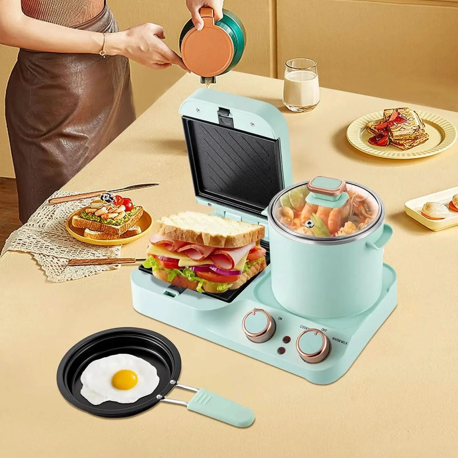 Breakfast Sandwich Maker w/Boiling Pot, 3 in 1 Breakfast Station, Retro Household Electric Mini Toaster Bread Sandwich Maker wit - M & M Global