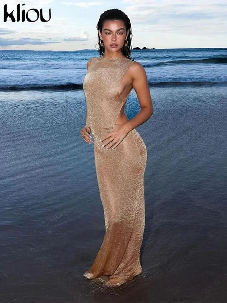 kliou Shiny Long Dress Stunning Women Solid Summer Thin Mesh Sheer Backless Sleeveless Bodycon Female Elegant Fashion Vestidos - M & M Global
