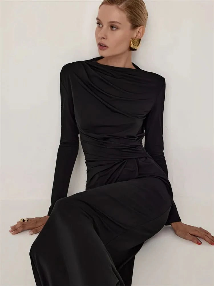 Tossy Fashion Autumn Pleated Long Dress Female High Waist Slim Bandage Solid Elegant Commute Clothes Ladies Y2k Maxi Dress 2024 - M & M Global