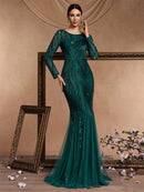 Elegant Long Sleeves Sequin Tulle Evening Dresses 2025 Women Luxury Mermaid Formal Bridesmaid Party Maxi Prom Dress