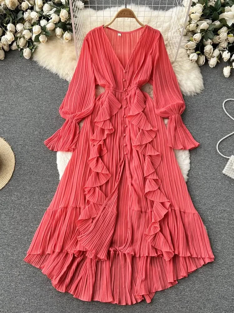 Purple/Brown/Red Chiffon Pleated Long Dress Women Vintage V-Neck Flare Sleeve Draped Ruffle Vestido Female Maxi Robe Spring Fall - M & M Global