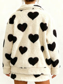 Women s Valentine s Day Heart Print Hooded Sweatshirt Casual Long Sleeve Pullover Loose Fit Fleece Jacket Coat