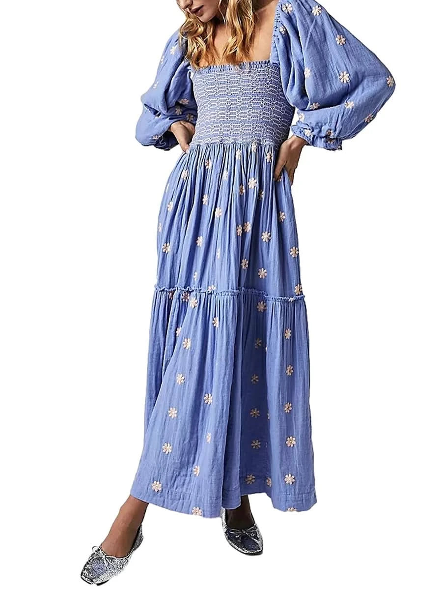 Women's Flower Embroidered Long Dress Bodycon Lantern Sleeve Square Neck Tiered Flowy Dress Bohemian Summer Beachwear Dresses - M & M Global