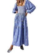 Women's Flower Embroidered Long Dress Bodycon Lantern Sleeve Square Neck Tiered Flowy Dress Bohemian Summer Beachwear Dresses - M & M Global