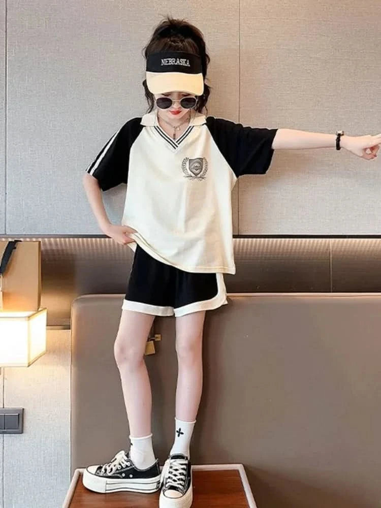 Summer Clothes Set for Children Girls Fashion V Neck T-shirts and Shorts 2pcs Suit Teenage Lapel Top Bottom Outfits Tracksuits - M & M Global