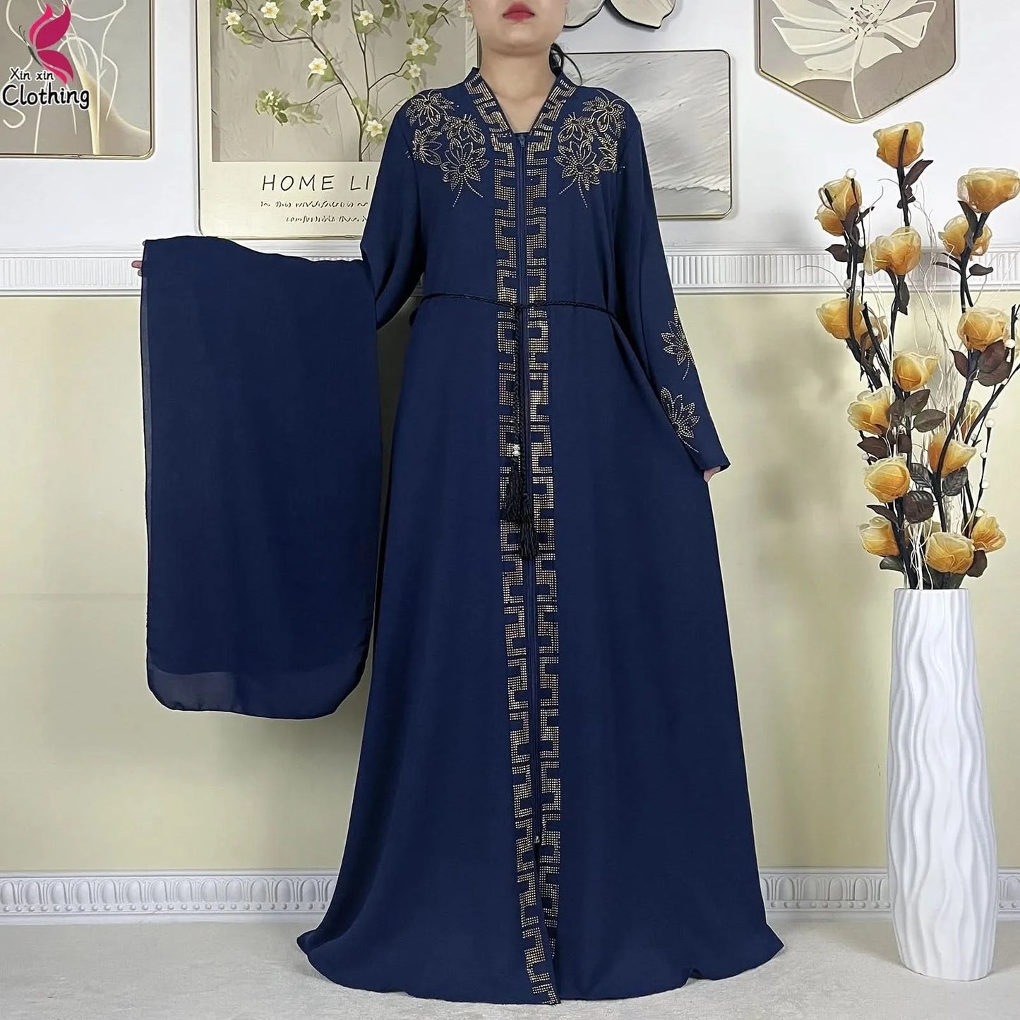New Muslim Abayas For Women Long Sleeved Dress Dubai Lady Elegant Long Dress Islam Clothing African Abaya Loose Robe With Turban - M & M Global