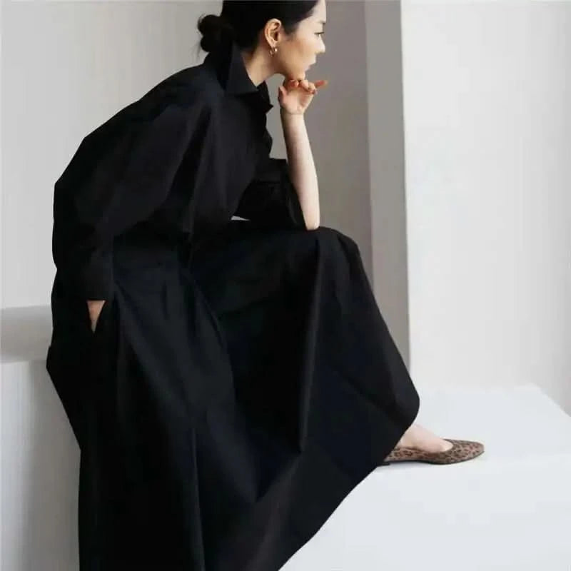 LANMREM Women's Clothing Long Dress Turn Down Collar With Button Pockets Loose Casual Dresses Female Streetwear Fashion 2C2019 - M & M Global