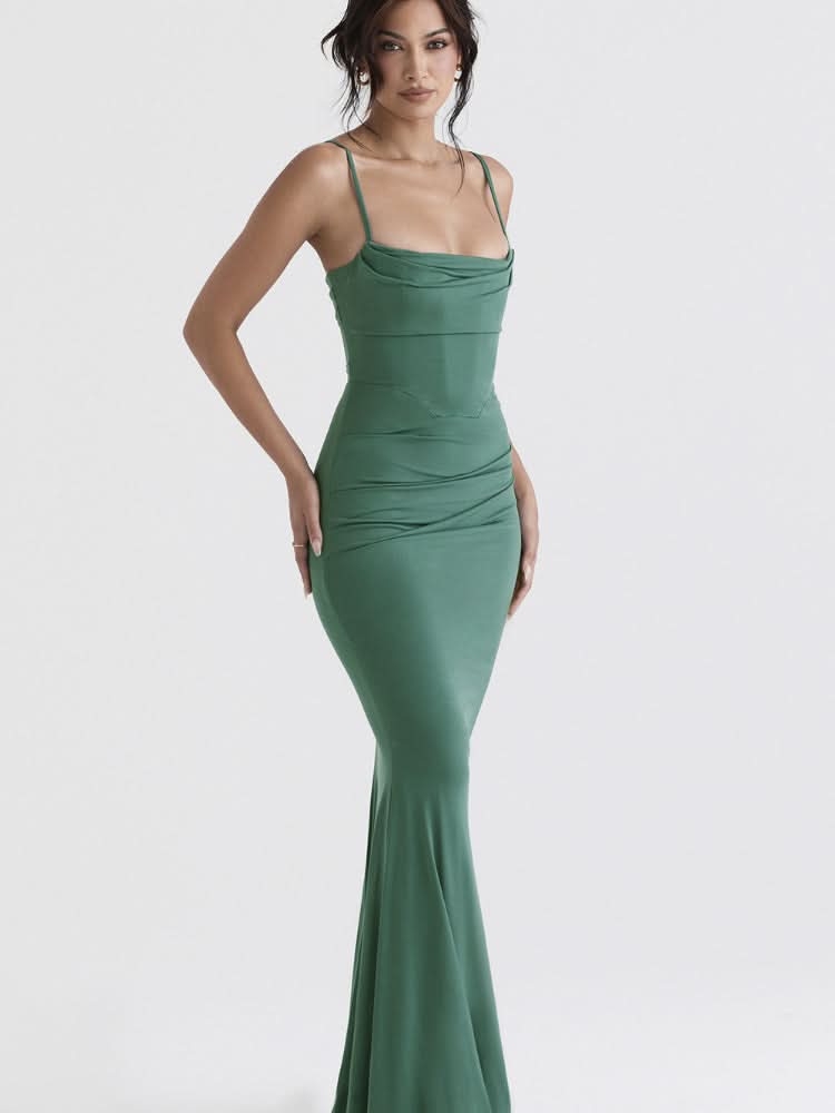 Elegant Dresses for Women Almond Corset Maxi Dress Draped Evening Night Party Dresses Bodycon Sexy Backless Dress with Fishbone - M & M Global
