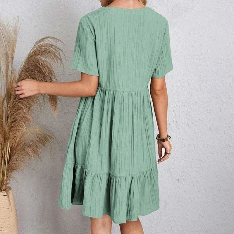 2025 Loose V-neck Short Sleeved Pleated Women Dress Solid Color A-line Beach Dresses Elegant Simple Comfortable Woman Clothing - M & M Global
