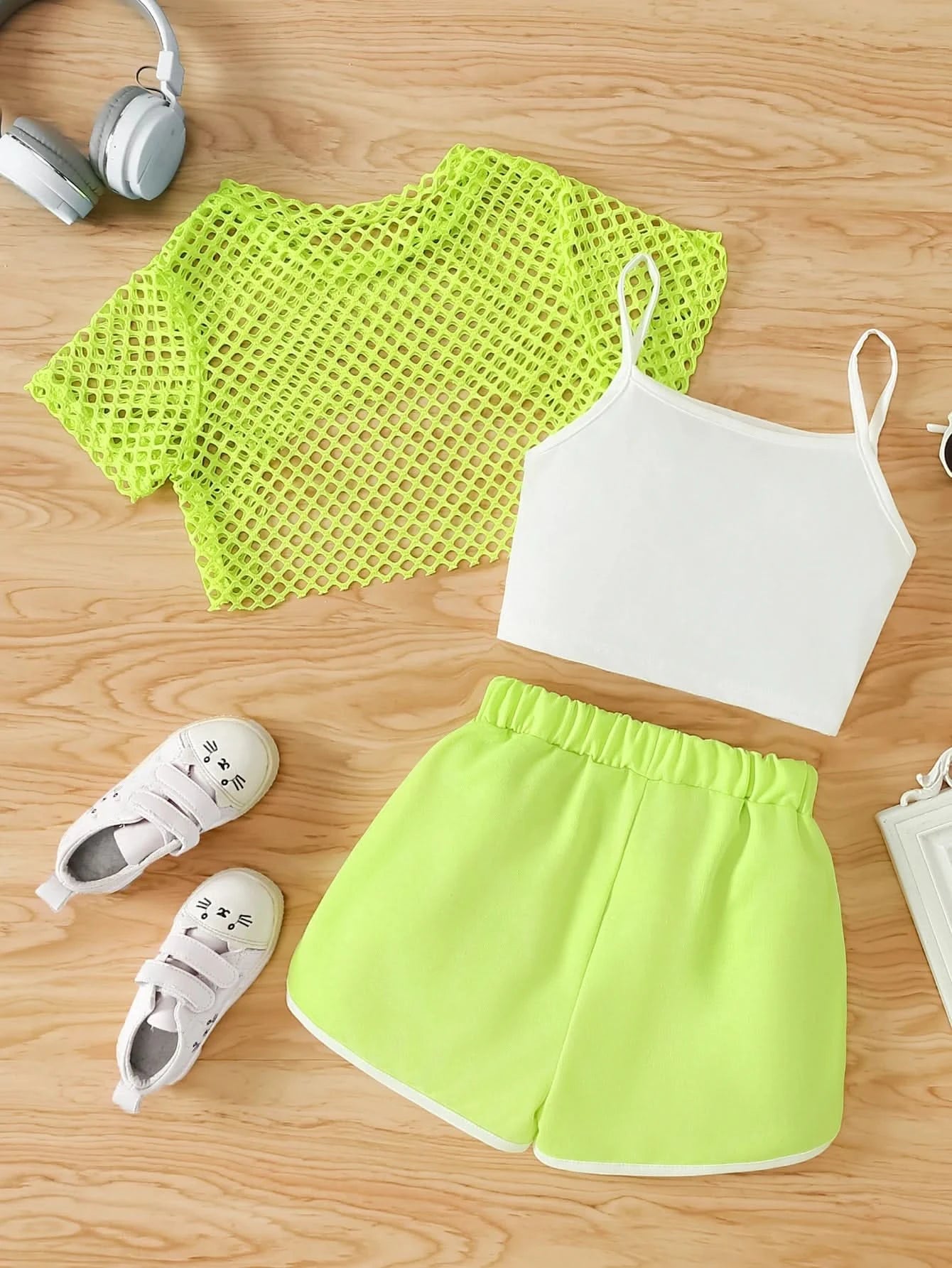 Girls Three-Piece Clothing New Breathable Summer Thin Fashion Short-Sleeved Mesh Top + Letter Printed Short Vest Suspender + Letter Printed Sports Shorts - M & M Global