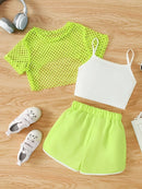 Girls Three-Piece Clothing New Breathable Summer Thin Fashion Short-Sleeved Mesh Top + Letter Printed Short Vest Suspender + Letter Printed Sports Shorts - M & M Global