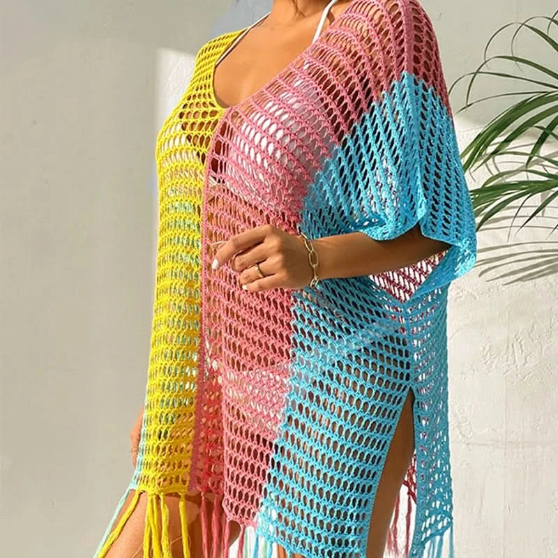 Knitted Contrast Tassel Bikini Summer Beach Cover Up Sexy Hollow Out Women V Neck Loose Beachwear Sunscreen Smock - M & M Global