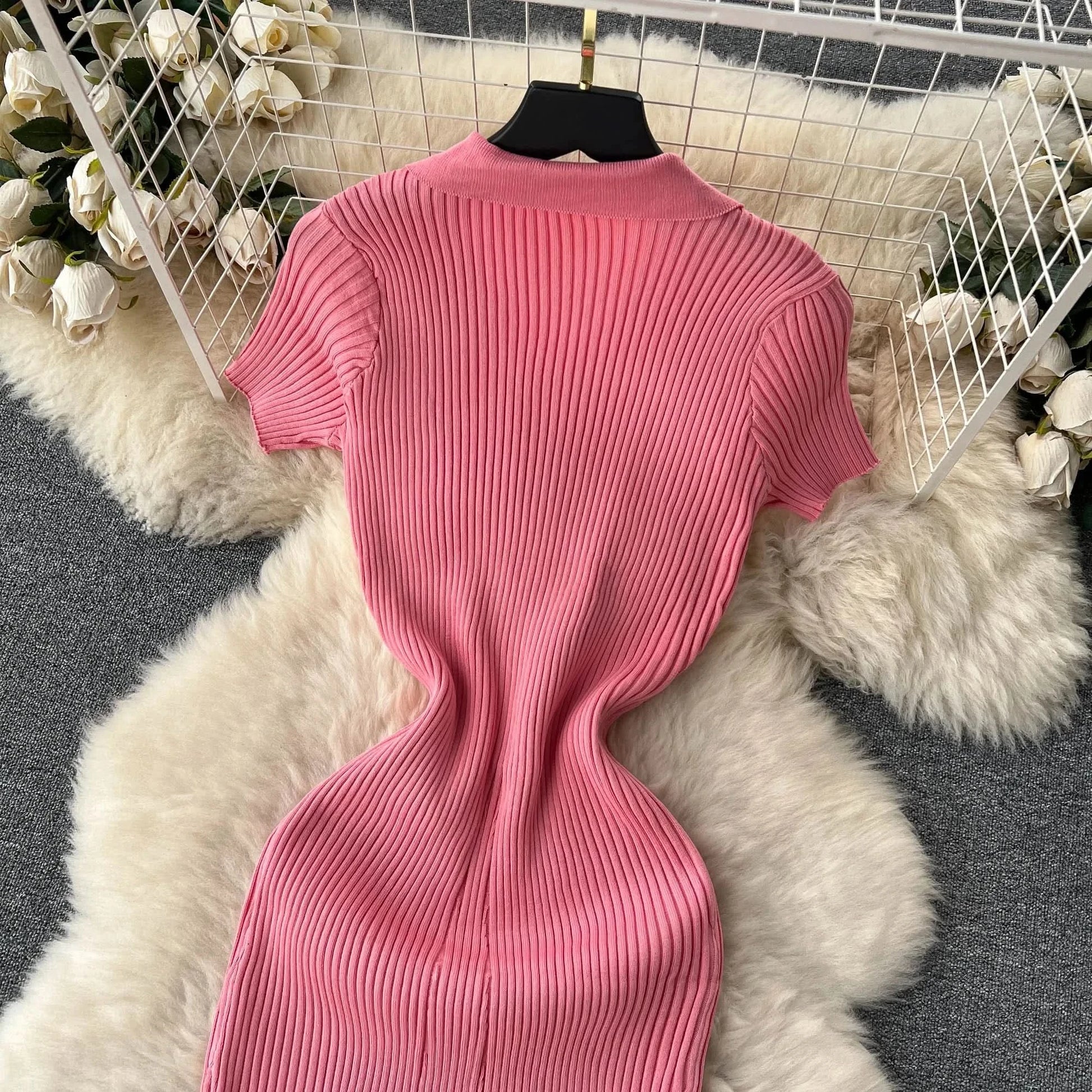 Summer Elastic Women Solid Knit Dress Summer Rose Red Retro Loose Sundress Sets 2024 bodycon Streetwear Sheer Beach Long Dress - M & M Global