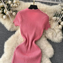 Summer Elastic Women Solid Knit Dress Summer Rose Red Retro Loose Sundress Sets 2024 bodycon Streetwear Sheer Beach Long Dress - M & M Global