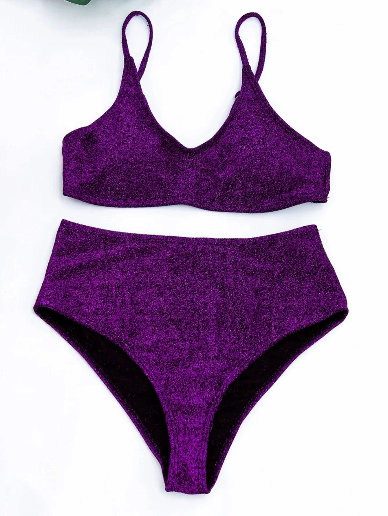 Sexy Sequin Bikini Shiny Solid Pink Push Up High Waist Bikini Set Female High Cut Bathing Suit Halter Top Swimwear Beachwear - M & M Global