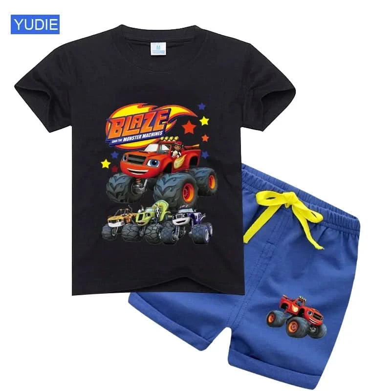 2025 Summer Baby Boy Clothes Set Cartoon Blazing Speed Cars Monster Machines Children Girl Short Sleeve T Shirt+Shorts 2PCS Suit - M & M Global
