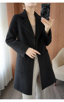 Plus Size Women's Long Sleeve Woolen Coat Pure Color Slim Fit Midi Length Spring New Style Compact Size Versatile Quality Pol...