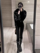 Autumn Winter Now Locomotive Wind Hottie Sweet Cool Fashion Coat Women Patchwork Imitation Fox Fur Leather and Fur Solid Tops