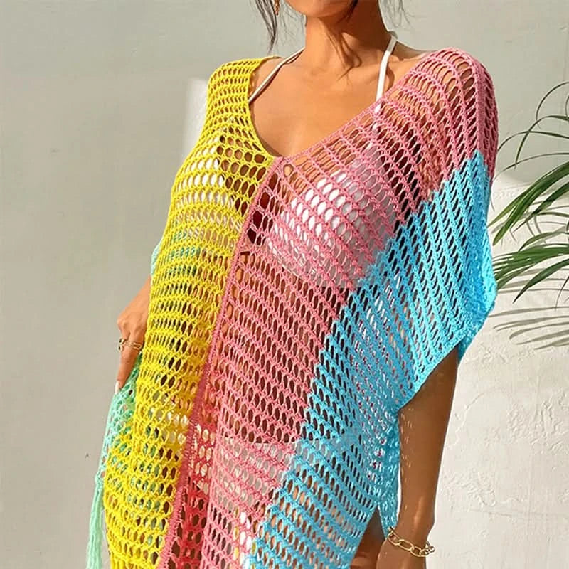 Knitted Contrast Tassel Bikini Summer Beach Cover Up Sexy Hollow Out Women V Neck Loose Beachwear Sunscreen Smock - M & M Global