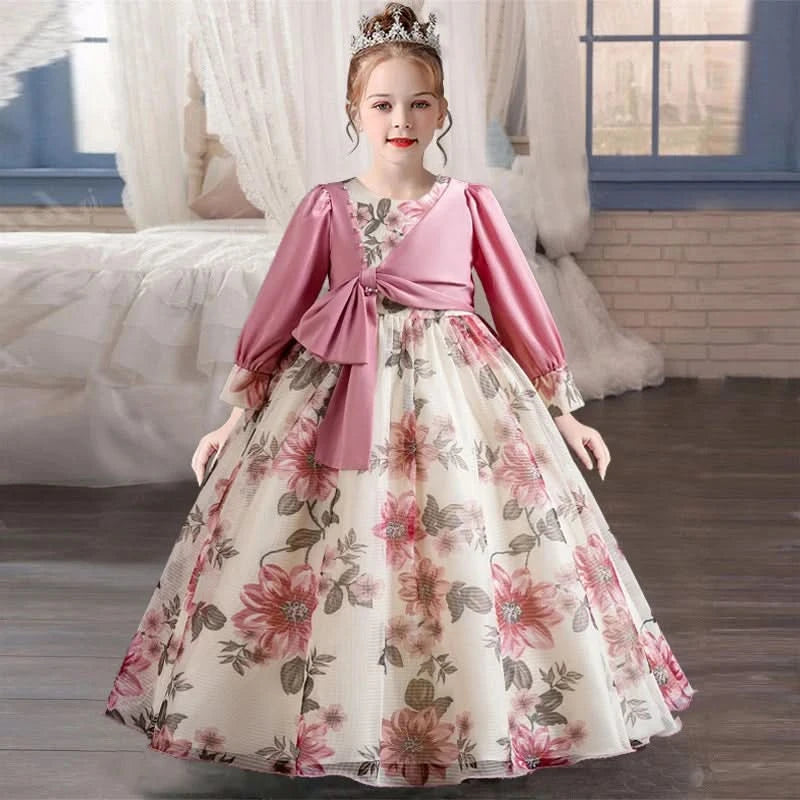 Girls flower pearl long sleeved princess dress 4-12 years old elegant bow printed long dress carnival birthday party performance - M & M Global
