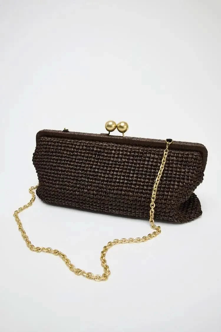 New Handwoven Raffia Shoulder Bag, Women's Staw Crossbody Bag Vacation Clip Bag Clutchs, Summer Luxury Design Baguette Bag - M & M Global