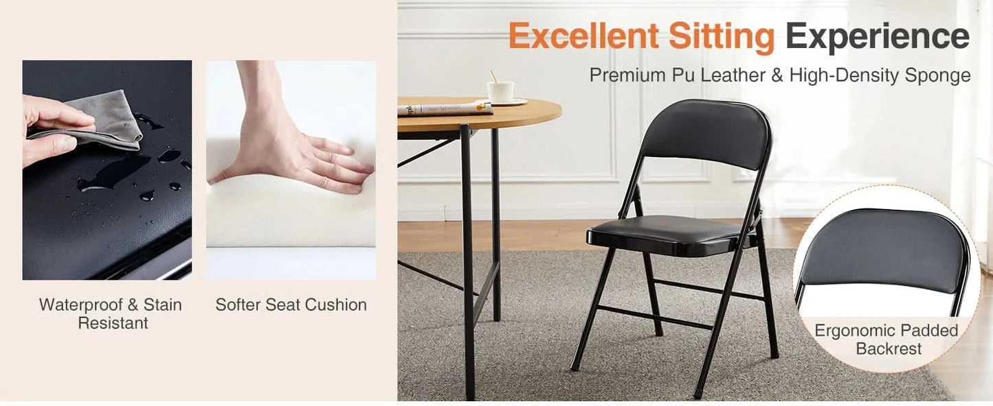 JHK Leather Padded Folding Living Room Chairs 2 Pack Sturdy Metal Foldable Chair Easy to Use and Storage Outdoor for Home Office