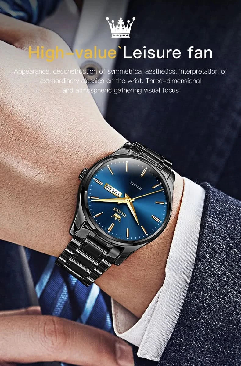 OLEVS Men Watches Waterproof Stainless Steel Quartz Male Wristwatch Gold Watch Fashion Luminous Luxury Calendar Business Clock - M & M Global