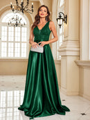 Elegant Sequins Evening Dress For Women 2024 Deep V-neck Satin Prom Party Green Dress Floor Length Blue Formal Gowns