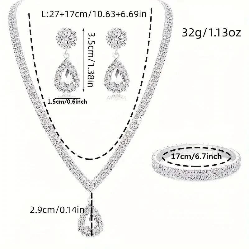 4 Pieces Luxurious Jewelry Set Exquisite Rhinestone Pendant Elegant Women's Crystal Silver Plated Necklace Earrings Bracelet Set - M & M Global