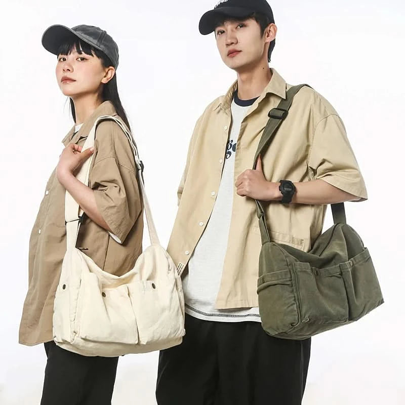 Vintage Style Canvas Messenger Bag Casual Travel Crossbody Bag Retro Large Capacity Shoulder Bag Multi Pocket Shoulder Bag - M & M Global
